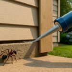 A photograph captures a home in Bellevue, WA, with visible carpenter ant prevention measures, such as sealed cracks and trimmed vegetation.