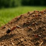 Close-up photograph of reddish-brown ants constructing a mound of granular soil in a sunlit Gilbert yard, with a blurred green lawn in the background.