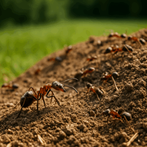 Close-up photograph of reddish-brown ants constructing a mound of granular soil in a sunlit Gilbert yard, with a blurred green lawn in the background.