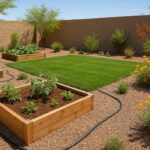 A high-resolution photo of a Gilbert, AZ backyard in April featuring raised garden beds, a green lawn, blooming desert plants, and a drip irrigation system under clear skies.