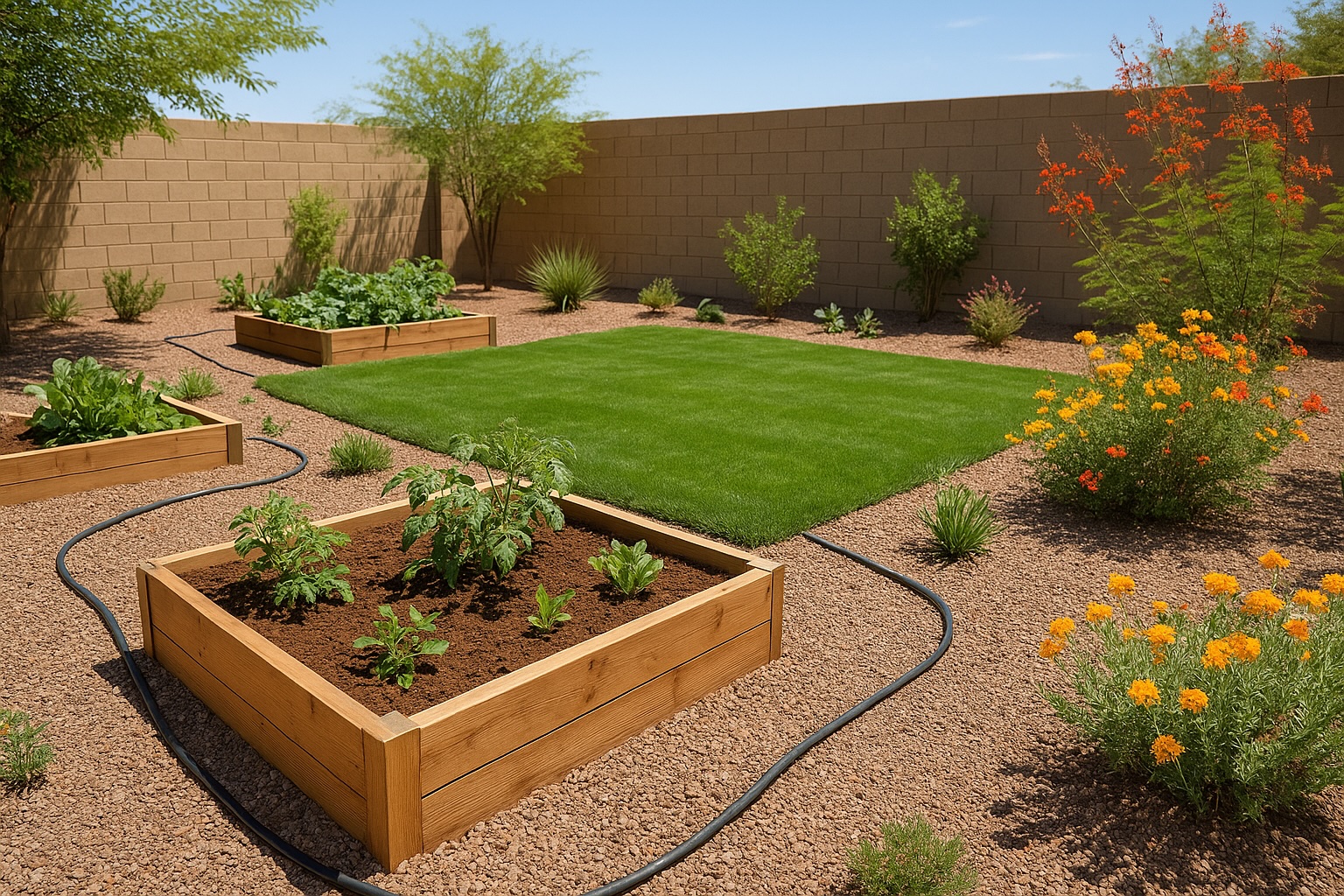 A high-resolution photo of a Gilbert, AZ backyard in April featuring raised garden beds, a green lawn, blooming desert plants, and a drip irrigation system under clear skies.