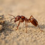 A zoomed-in view of fire ants on a sandy Georgia lawn, with visible trails and mound activity near patio stones.