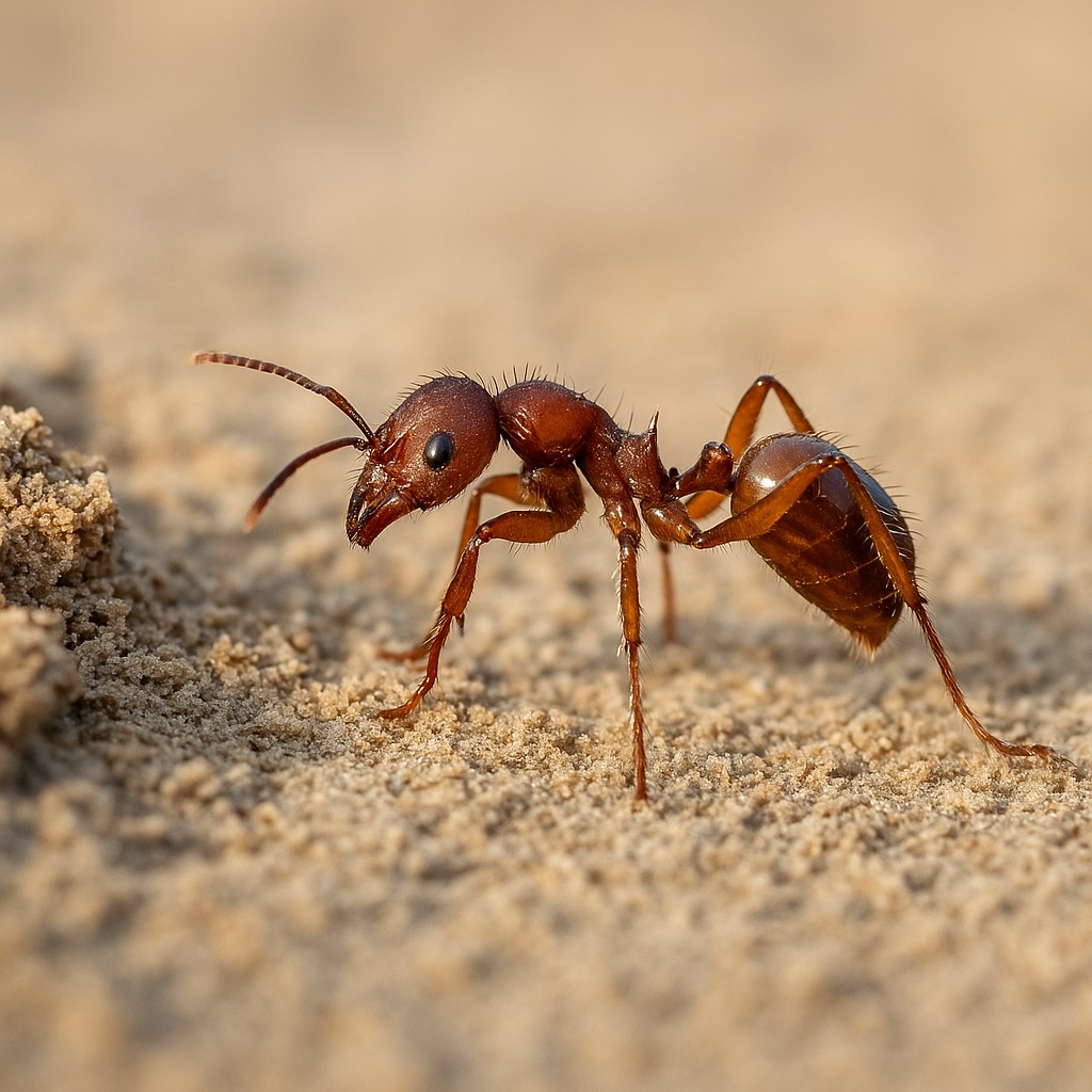A zoomed-in view of fire ants on a sandy Georgia lawn, with visible trails and mound activity near patio stones.