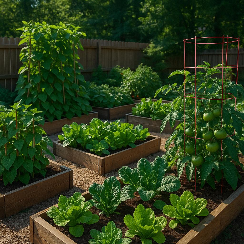 Thriving backyard vegetable garden in Atlanta with tomatoes, beans, and leafy greens in May