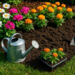 A sunlit garden in Atlanta with freshly prepared soil beds, blooming daisies, geraniums, and marigolds, alongside a watering can, seedling tray, and trowel.