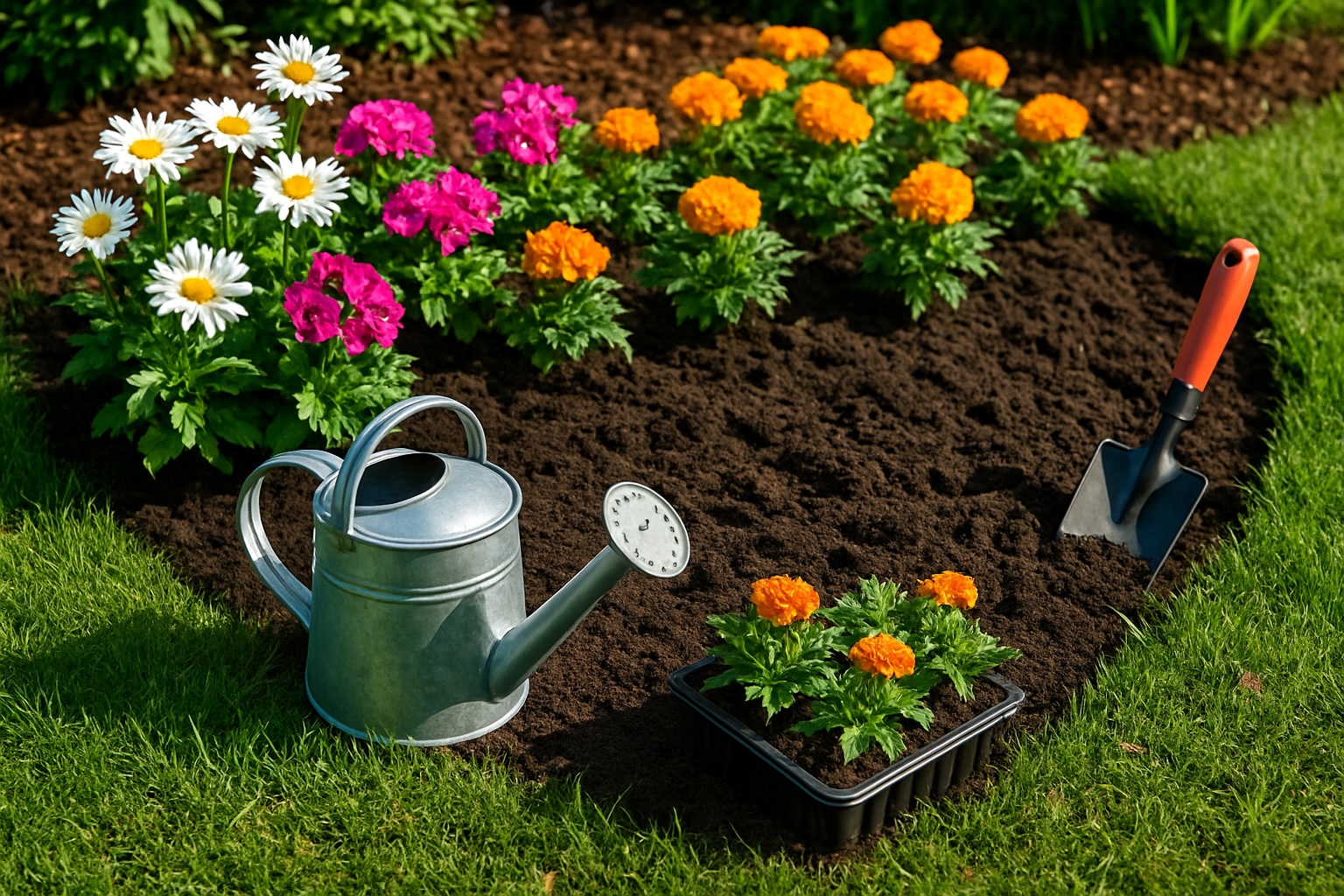A sunlit garden in Atlanta with freshly prepared soil beds, blooming daisies, geraniums, and marigolds, alongside a watering can, seedling tray, and trowel.