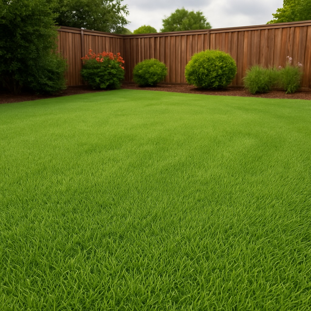 A healthy Zoysia grass lawn in Atlanta with lush green turf, clear skies, and neatly edged borders in a suburban backyard.