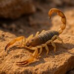 A close-up photograph of a bark scorpion navigating desert rocks in a backyard in Gilbert, Arizona, during spring.