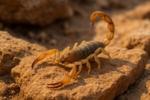 A close-up photograph of a bark scorpion navigating desert rocks in a backyard in Gilbert, Arizona, during spring.