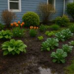 Rain-soaked garden with tulips, hostas, and leafy greens in front of a blue house in Bellevue, WA after a downpour.