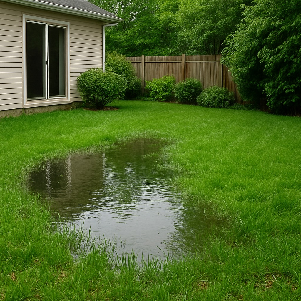 A rain-soaked backyard in Bellevue, WA with puddled grass, cloudy skies, and signs of lawn stress from heavy water accumulation.