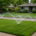 Green residential lawn in Bellevue being watered with sprinklers in May
