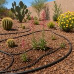 Drip irrigation tubing watering desert plants and flowers in a mulched Gilbert, AZ backyard with cacti and blooming perennials.