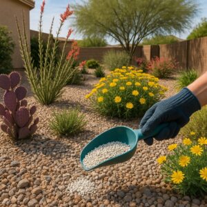 Fertilizer being applied to desert plants in a sunny Gilbert yard with gravel and succulents