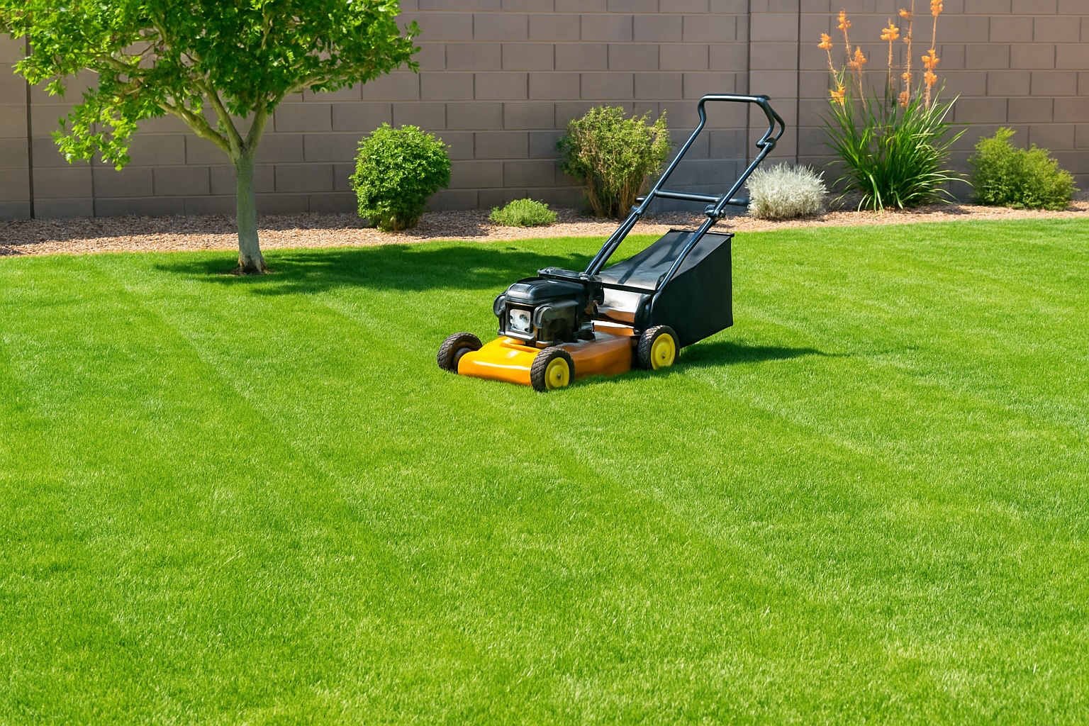 A backyard in Gilbert, AZ featuring a healthy Bermuda grass lawn, a lawn mower, and a desert-style landscape with drought-tolerant plants and gravel.