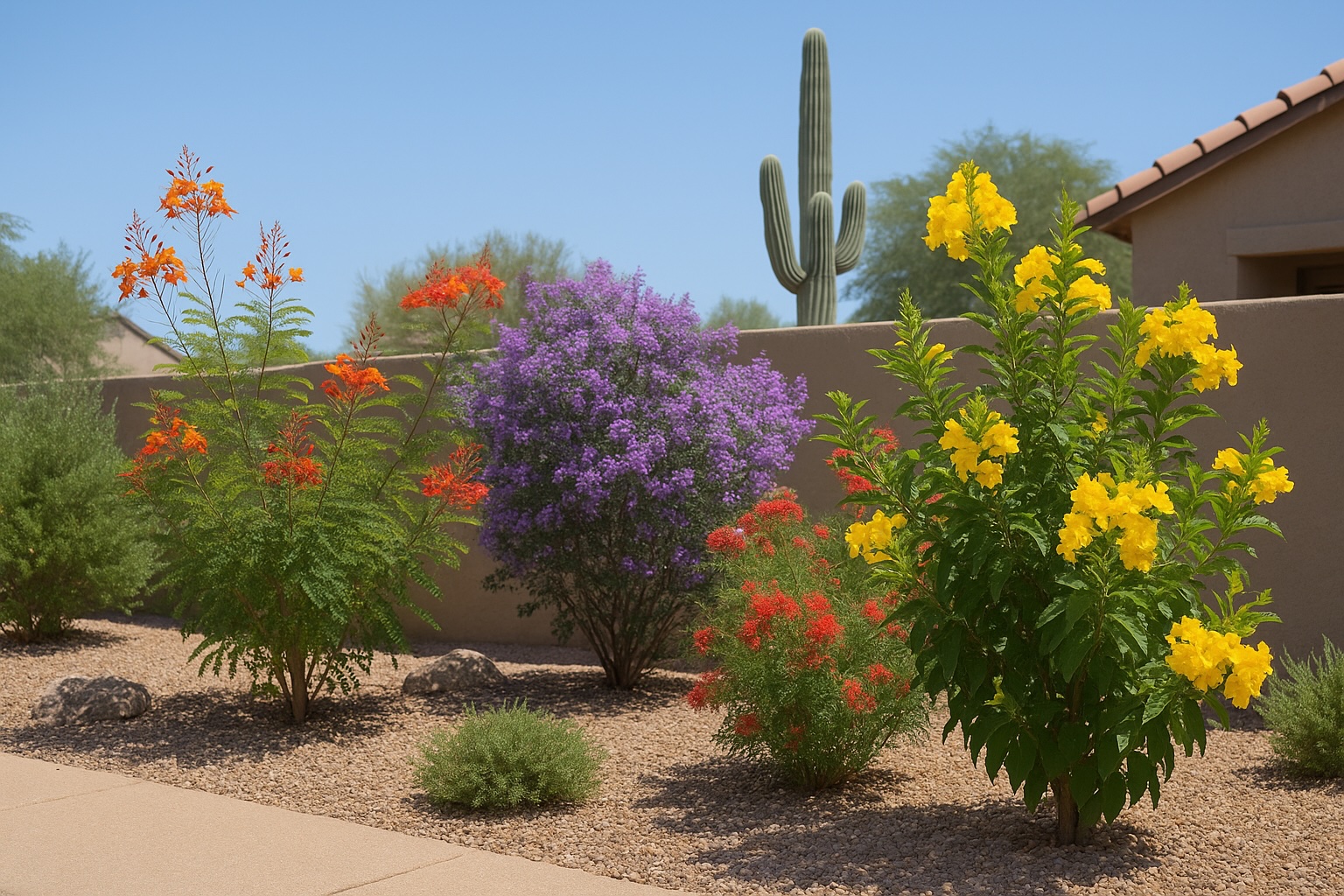 A sunny Gilbert, AZ yard with colorful flowering shrubs including yellow Tecoma, red Fairy Duster, purple Texas Sage, and orange Bird of Paradise, set against a stucco wall and saguaro cactus.
