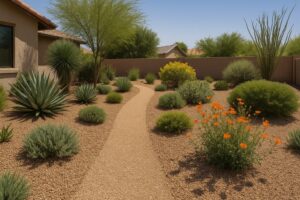 A modern gravel garden in Gilbert featuring succulents, boulders, and desert-friendly plants.