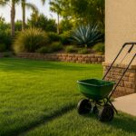 A green Gilbert, AZ lawn in spring sunlight, with a slow-release fertilizer spreader and desert landscaping in the background.