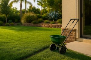 A green Gilbert, AZ lawn in spring sunlight, with a slow-release fertilizer spreader and desert landscaping in the background.