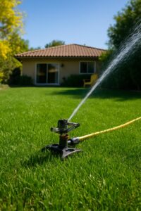 Sprinkler watering a green lawn in a sunny Gilbert, Arizona backyard during spring