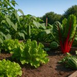 Fresh vegetables growing in a sunny Gilbert, AZ backyard garden, including tomatoes, lettuce, Swiss chard, and small watermelons in raised beds.