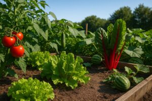 Fresh vegetables growing in a sunny Gilbert, AZ backyard garden, including tomatoes, lettuce, Swiss chard, and small watermelons in raised beds.