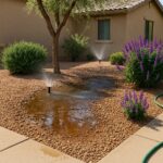 Overwatering from sprinklers in a Gilbert, AZ yard with puddles forming on gravel among desert plants and a beige home.