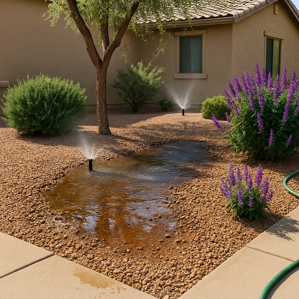 Overwatering from sprinklers in a Gilbert, AZ yard with puddles forming on gravel among desert plants and a beige home.