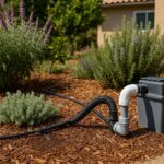 Greywater irrigation system in a San Diego backyard with drought-tolerant plants like rosemary and purple salvia