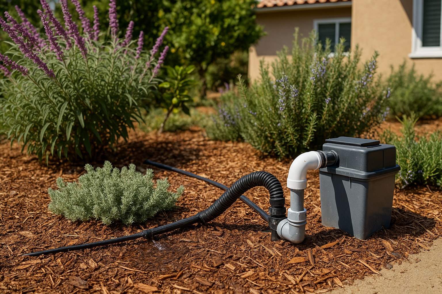 Greywater irrigation system in a San Diego backyard with drought-tolerant plants like rosemary and purple salvia
