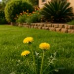 A sunlit San Diego lawn and garden bed in early spring, with a close-up of cool-season weeds being removed by hand, surrounded by healthy grass and flowers.