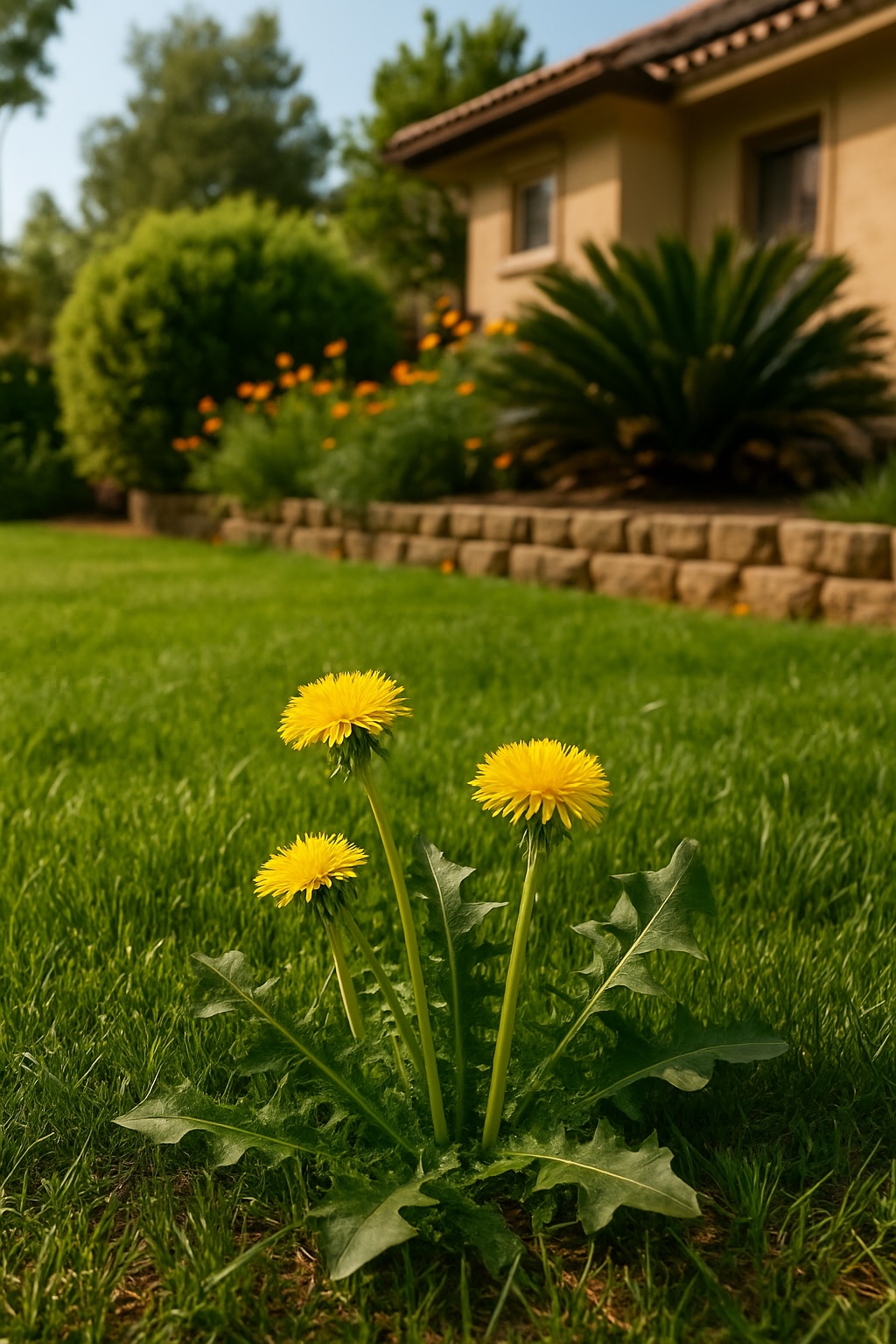 A residential San Diego yard and garden bed in early spring, showing lush grass and a few weeds being pulled by hand.