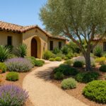 Mediterranean-style garden in San Diego with terracotta-roof home, olive tree, and drought-tolerant plants along a gravel path.