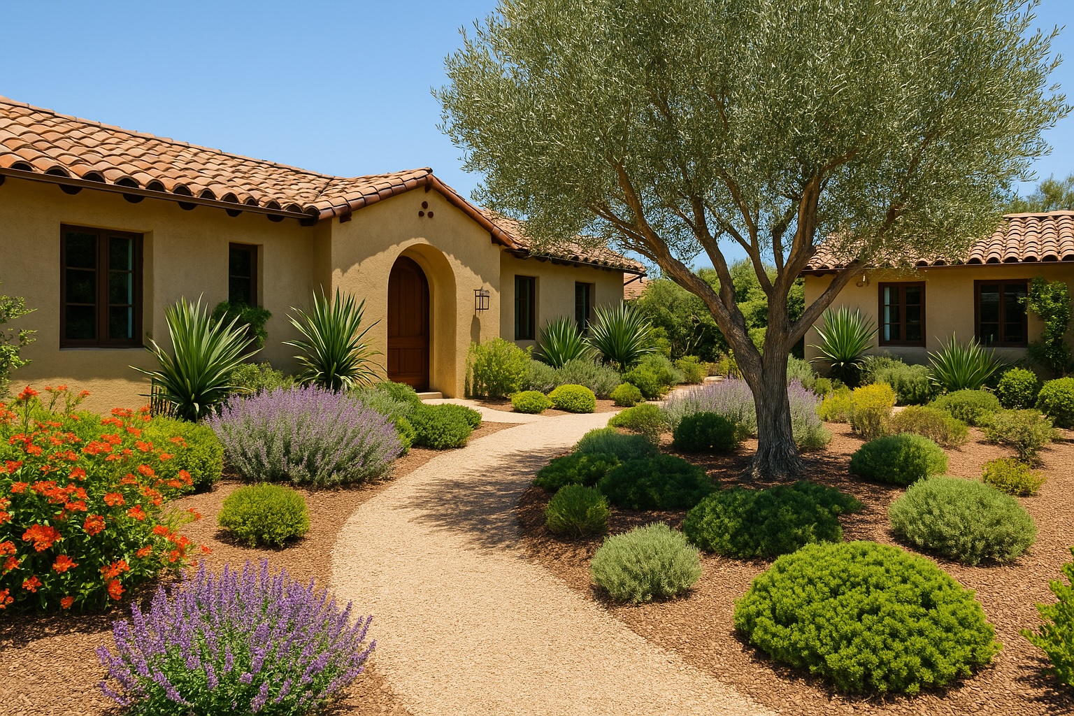 Mediterranean-style garden in San Diego with terracotta-roof home, olive tree, and drought-tolerant plants along a gravel path.