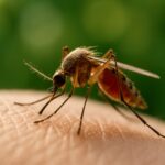 Close-up of a mosquito perched on a person’s skin in a sunny Atlanta backyard.