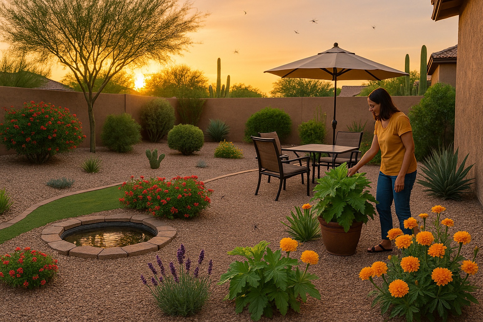 A close-up photograph of a lush Gilbert, AZ backyard at dusk, with neatly trimmed grass, decorative gravel, native desert shrubs, and a small birdbath. The warm glow of solar lights highlights the garden, while a mosquito hovers near the water’s surface.