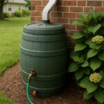 Green rain barrel collecting water from a white downspout beside a red brick Atlanta home with hydrangea plants and a green hose.
