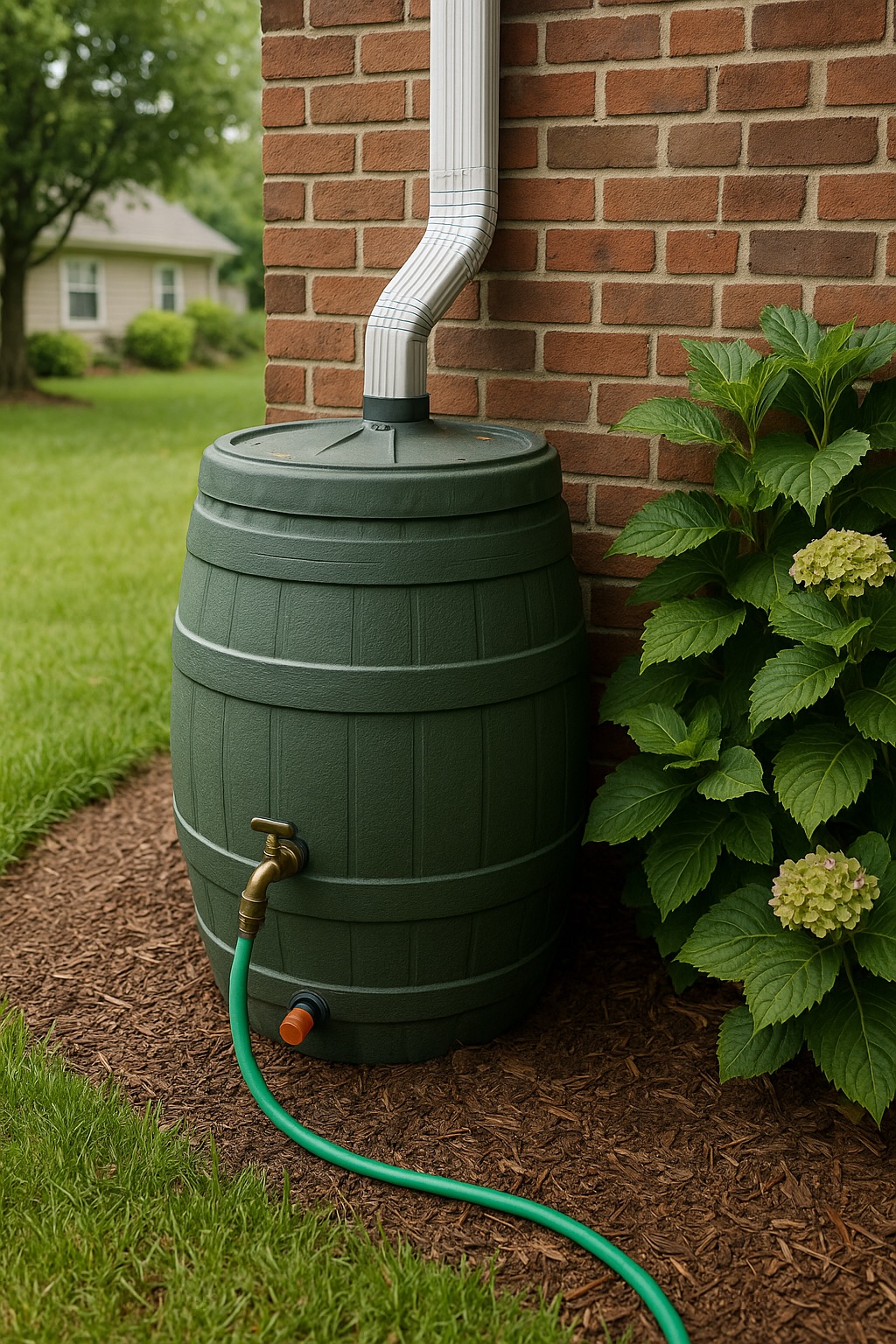 Green rain barrel collecting water from a white downspout beside a red brick Atlanta home with hydrangea plants and a green hose.