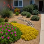 A landscaped front yard in San Diego featuring drought-tolerant lawn alternatives including creeping thyme, gravel paths, and native plants with succulents.