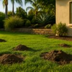 A backyard lawn in San Diego, CA with fresh gopher mounds disrupting the grass.