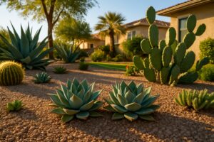 Succulents thriving in a sunlit, desert-style Gilbert, AZ yard with gravel, agave, golden barrel cactus, and prickly pear.