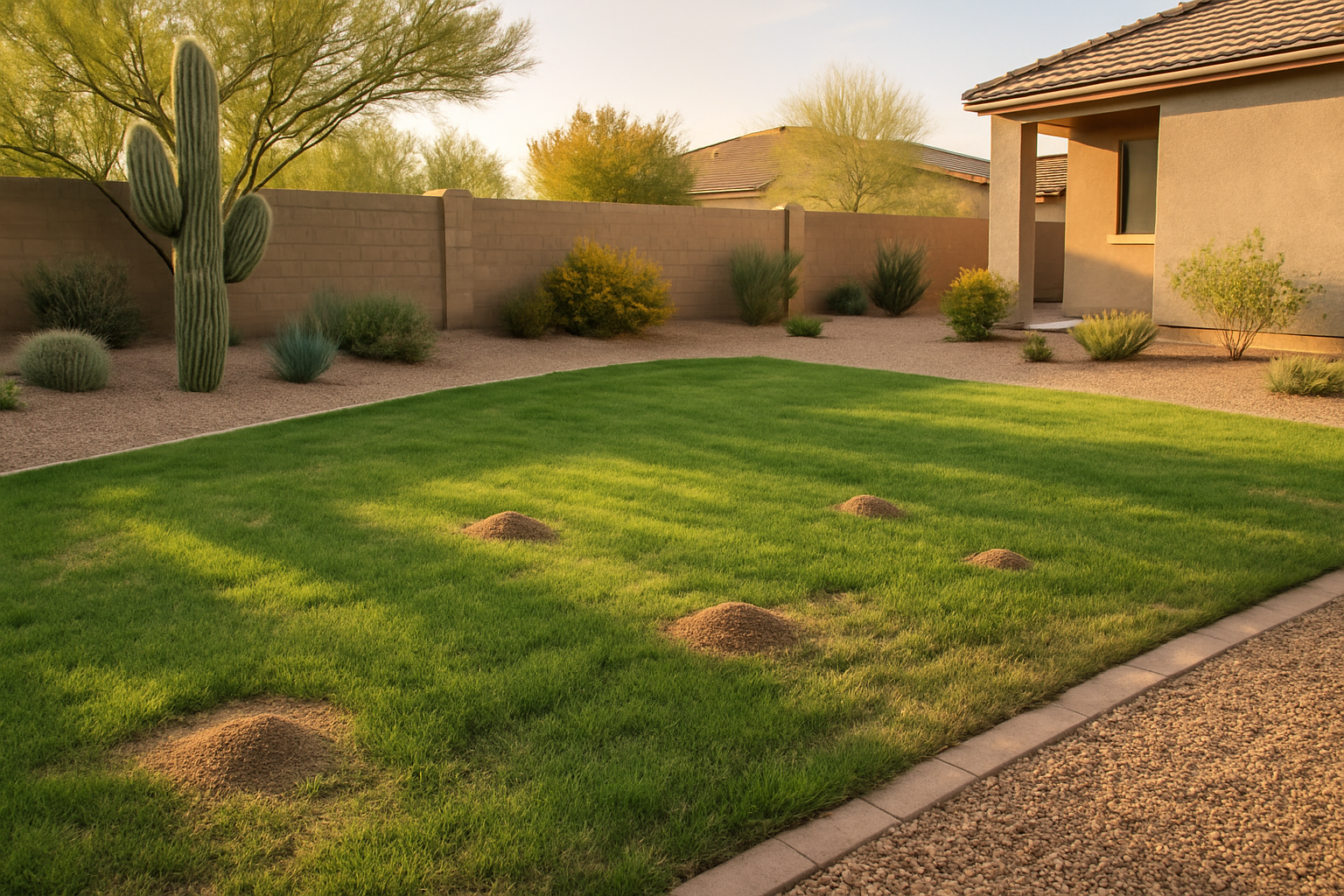 Ant hills scattered across a lawn in Gilbert, Arizona