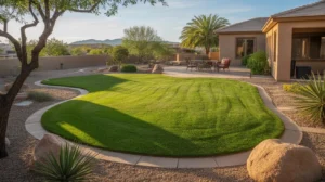 A lush, green lawn of Arizona-friendly grass in a Queen Creek backyard