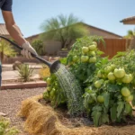 Watering a vegetable garden in Gilbert, Arizona in August