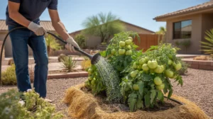 Watering a vegetable garden in Gilbert, Arizona in August