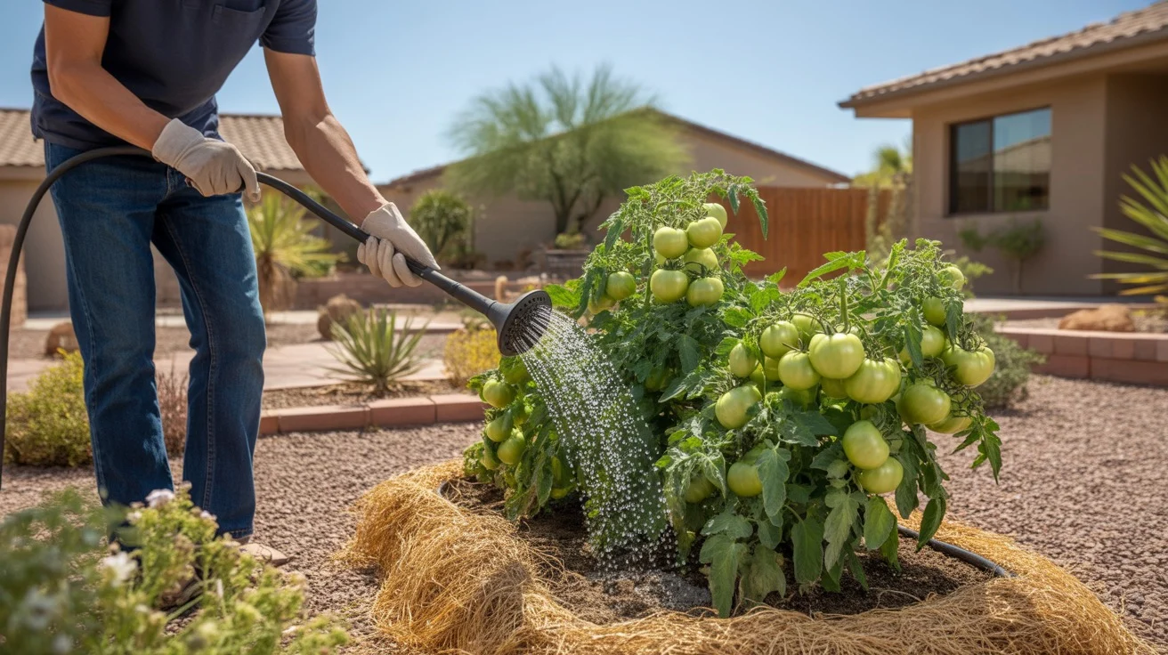Watering a vegetable garden in Gilbert, Arizona in August