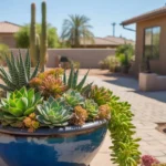 Colorful succulent arrangement in a glazed blue pot on a sunny Queen Creek patio in August.