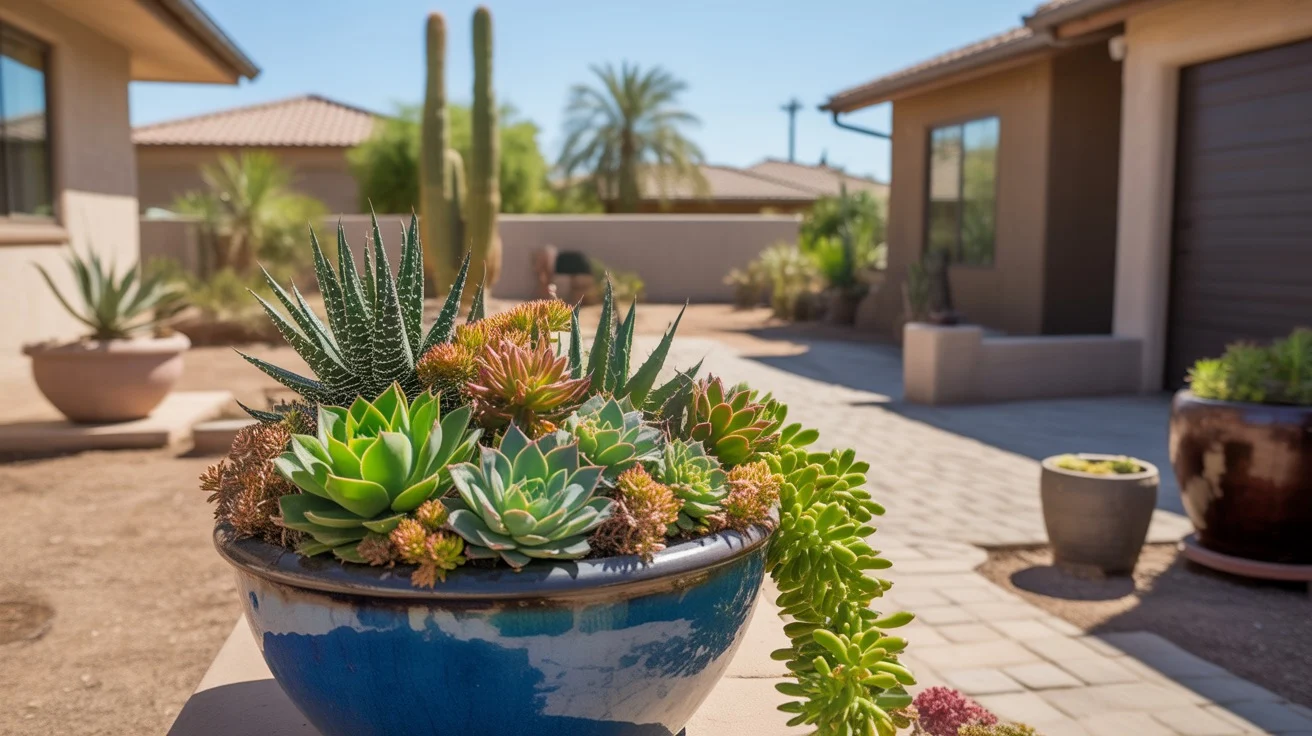 Colorful succulent arrangement in a glazed blue pot on a sunny Queen Creek patio in August.