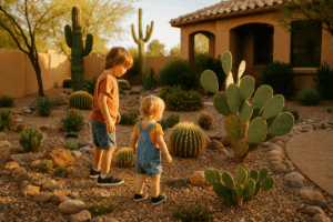 Kids safely exploring a cactus garden in Gilbert