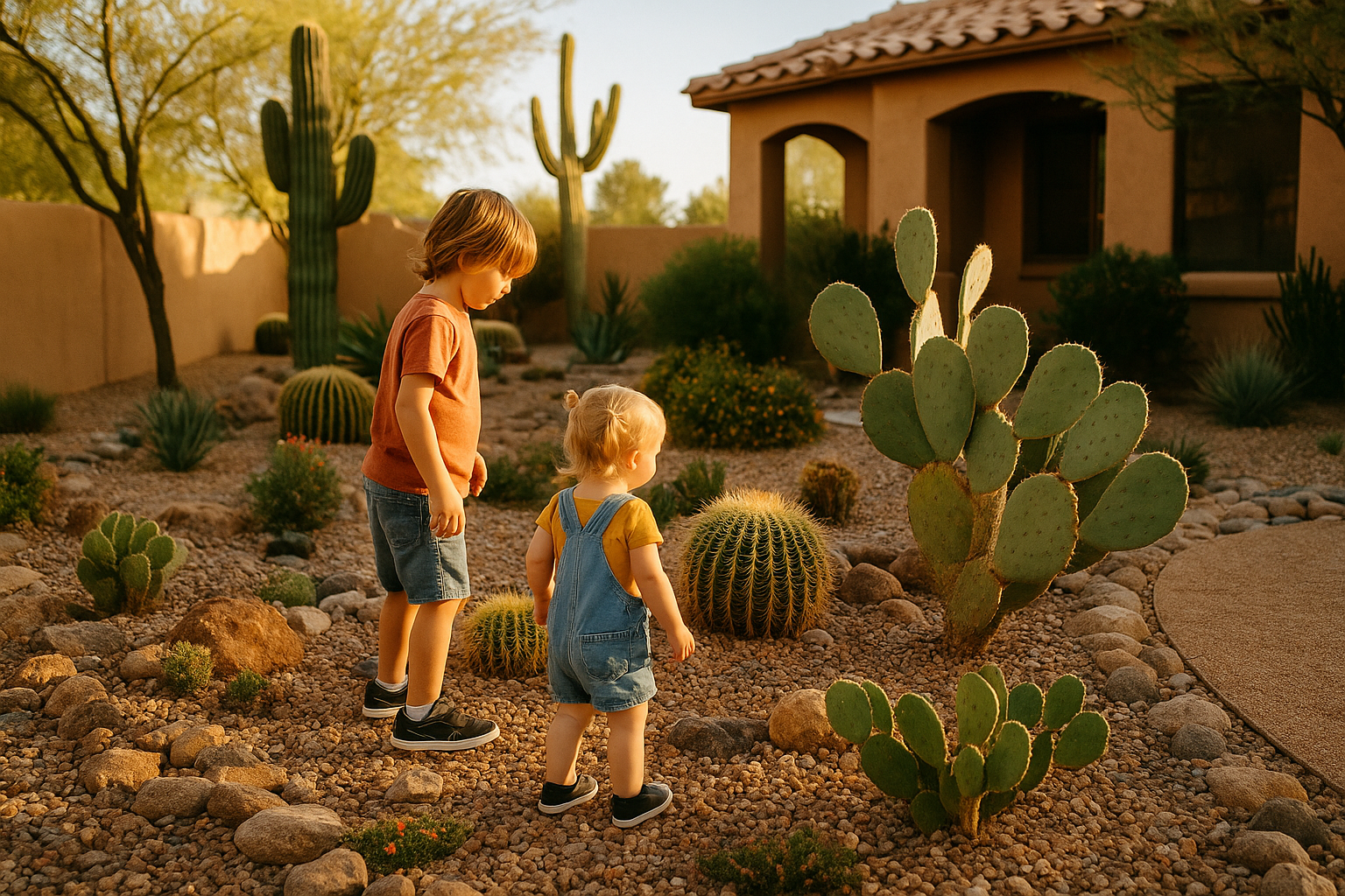Kids safely exploring a cactus garden in Gilbert